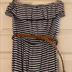 Women’s navy striped strapless maxi dress